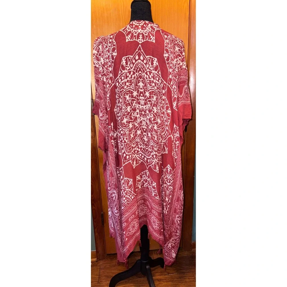 Woven Heart Boho Dark Red Mandala Tassel Trim‎ Kimono Cardigan One Size